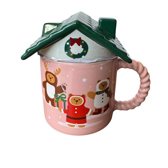 Starbucks Other - STARBUCKS 2025 Holiday Bear House Mug Roof Lid 14oz Limited Edition Pink Green